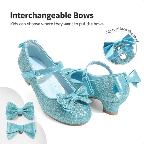 Miniatura 2 de DREAM PAIRS Zapatos de vestir de tacón bajo para niñas, con lazo intercambiable, purpurina, boda, fiesta, Mary Jane, zapatos para niños pequeños