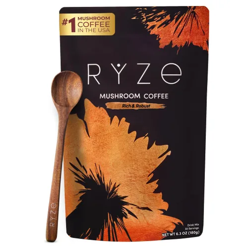 RYZE SUPERFOODS Café de hongos tostado oscuro, 6 hongos adaptogénicos y mezcla prebiótica, café instantáneo apoya la energía, la concentración, la