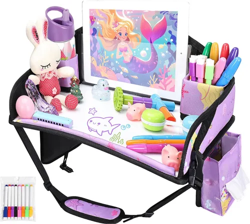 Miniatura 29 de 2 piezas Bandeja de viaje para niños, bandeja para asiento de coche para niños Viaje, Esenciales de viaje en carretera para niños con kit de dibujo