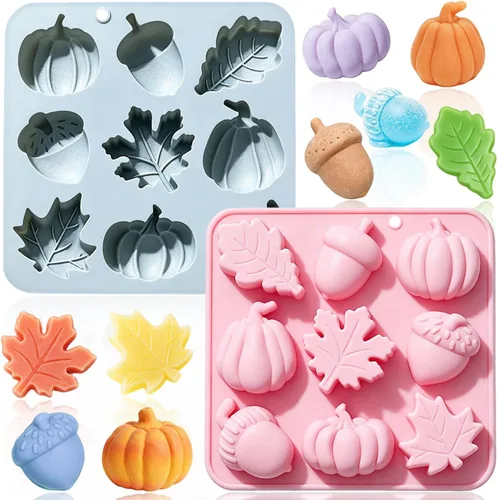 Paquete de 2 moldes de chocolate de cosecha de otoño, Acción de Gracias, calabaza, bellota, hojas de arce, moldes de silicona, moldes de resina de