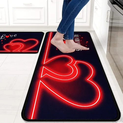 Miniatura 2 de Juego de 2 alfombras y tapetes de cocina, para el día de San Valentín, decoración de corazón rojo, antideslizantes, parte trasera de goma