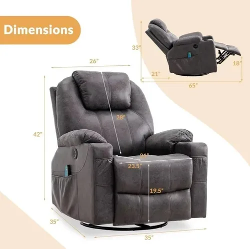 Miniatura 2 de Silla reclinable de masaje para adultos, silla reclinable eléctrica para ancianos, silla reclinable giratoria de 360° con bolsillos, portavasos