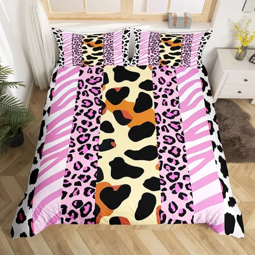 Manfei Juego de funda de edredón de piel de animal, tamaño individual, funda de edredón con estampado de cebra de leopardo con 1 funda de almohada,