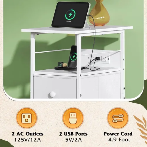 Miniatura 6 de WLIVE Juego de 2 mesitas de noche con estación de carga, juegos de mesa auxiliar con luces LED, 2 cajones de tela y estante abierto, mesas