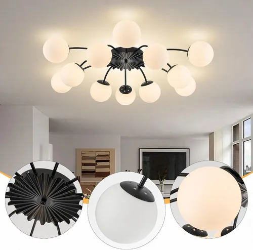 Miniatura 6 de Lámpara de araña Sputnik de 12 luces, color negro con burbujas de vidrio de leche Luces de techo semi empotradas, acento de flor, Art Deco