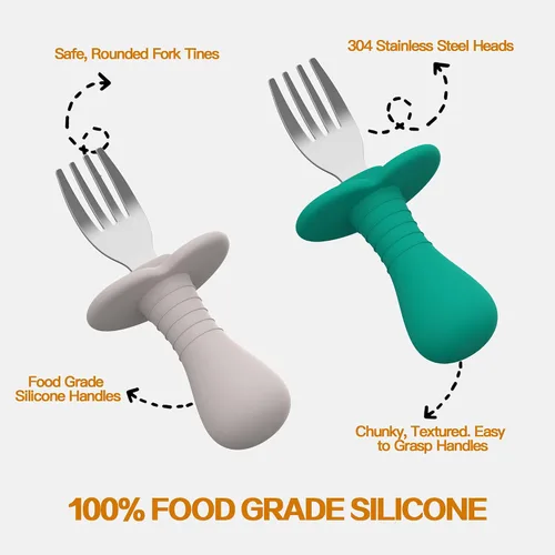 Miniatura 3 de Juego de 4 tenedores para bebés, utensilios de autoalimentación con asas de silicona suave, acero inoxidable 18/8, antiestrangulamiento y sin BPA 4