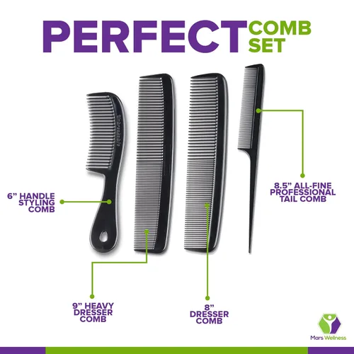 Miniatura 4 de Mars Wellness Juego de 4 peines profesionales negros – Fabricado en Estados Unidos – Peines de cola fina profesional, peine de peluquería – Grado