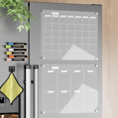 Miniatura 5 de Calendario magnético acrílico de borrado en seco para nevera, planificador mensual transparente de pizarra blanca borrable de 16 x 12 pulgadas