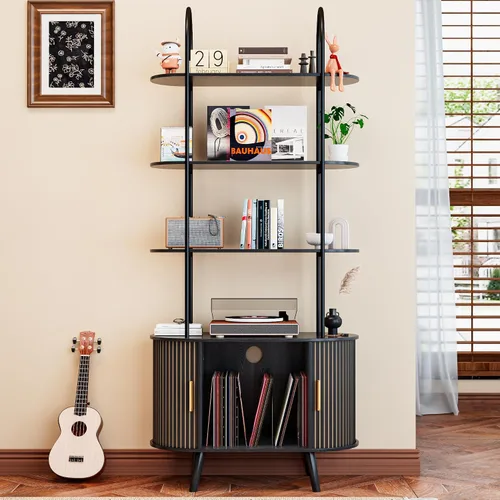 Miniatura 9 de Soporte Alto para Tocadiscos de Vinilo, Estantería de 4 Niveles con Puertas Corredizas, Gabinete Retro Pequeño para Almacenamiento de Discos