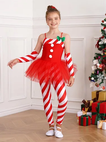 Miniatura 3 de Traje de baile de Navidad para niñas y niñas, ballet, gimnasia, leotardo de baile, bastón de caramelo, rayas