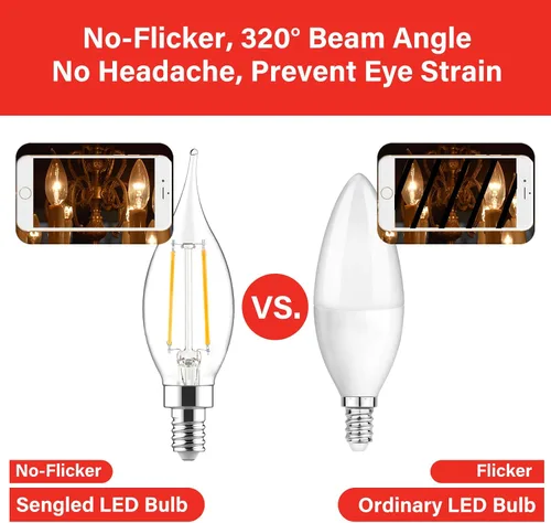 Miniatura 5 de Bombillas LED E12 para candelabros equivalentes a 60 W, bombillas de vela con punta de llama CA10 regulables, luz blanca suave de 2700 K, bombilla