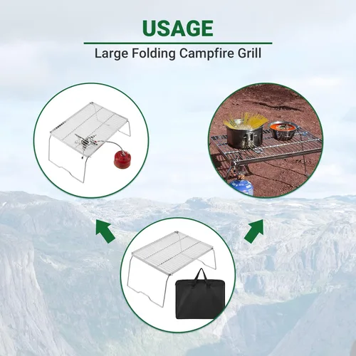 Miniatura 5 de YETO Parrilla de camping de dos alturas con patas de acero inoxidable 304 plegable para fogata sobre fuego portátil y bolsa de transporte