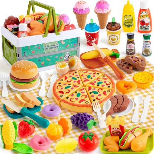 78 piezas de alimentos de juguete para cocina de niños, alimentos de juguete para cortar con canasta de almacenamiento, accesorios de cocina de