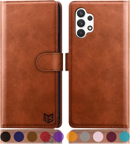 SUANPOT Funda tipo cartera de piel con bloqueo RFID para Samsung Galaxy A32 5G - Folio con tapa, tarjetero, a prueba de golpes, color marrón claro