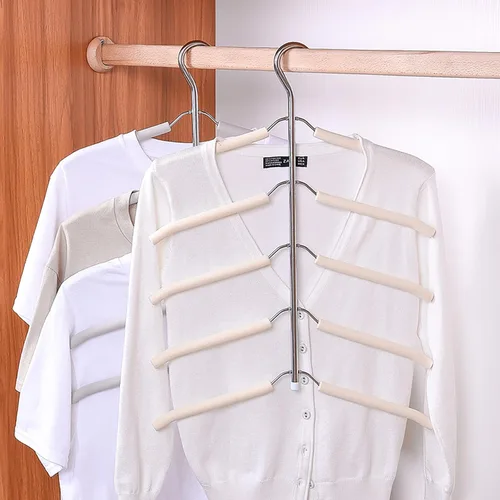 Miniatura 3 de Paquete de 3 perchas para blusas 5 en 1 que ahorran espacio, perchas acolchadas antideslizantes con brazo oscilante, acero inoxidable resistente