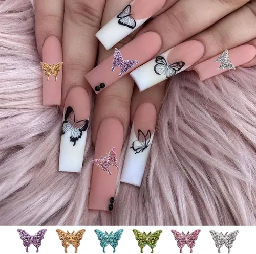Miniatura 6 de 60 dijes de uñas de mariposa con purpurina 3D de mariposa para arte de uñas, de aleación de metal, encantos de uñas Kawaii para uñas acrílicas