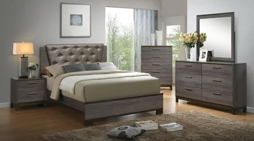 Miniatura 4 de NewCosmos Mesita de noche contemporánea de dos tonos gris antiguo, mueble de dormitorio, mesita de noche, centro de metal, tiradores de barra