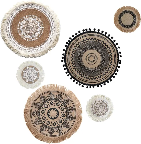 LELE LIFE Juego de 6 decoraciones de pared de yute bohemio, macramé redondo y plano para colgar en la pared, arte de pared de mandala para
