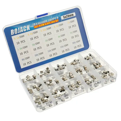 Miniatura 2 de BOJACK 15 Valores 150 piezas de fusibles de vidrio de soplado rápido Kit surtido 0.197x0.787 in 250 V 0.1 0.2 0.25 0.5 1 1.5 2 3 4 5 8 10 12 15 20 A