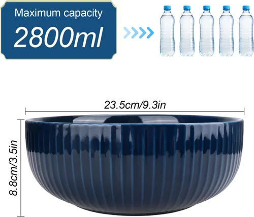 Miniatura 3 de Ensaladera extra grande, cuenco de frutas de cerámica de 94.7 fl oz, elegante cuenco de sopa redondo de rayas verticales azul marino, cuenco