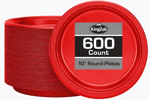 Miniatura 52 de Platos de plástico rojos de la colección Hanna K. Signature, redondos de 9 pulgadas, 50 unidades – Platos desechables resistentes para cenas