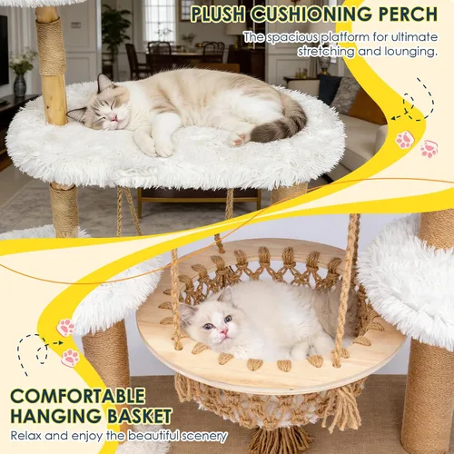 Miniatura 4 de Árbol de madera maciza para gatos de interior, torre moderna de varios niveles para gatos de 54 pulgadas con cesta colgante, postes rascadores