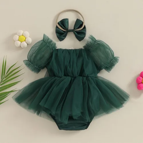 Miniatura 2 de BULINGNA Mameluco de princesa de verano para bebé niña, con manga de burbujas, tutú con falda y diadema para cumpleaños o Navidad