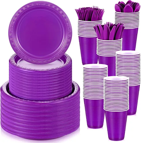 Miniatura 9 de Uiifan El juego de vajilla de plástico multicolor de 300 piezas incluye 50 platos llanos, 50 platos de aperitivo, 50 tazas, 50 cuchillos, 50