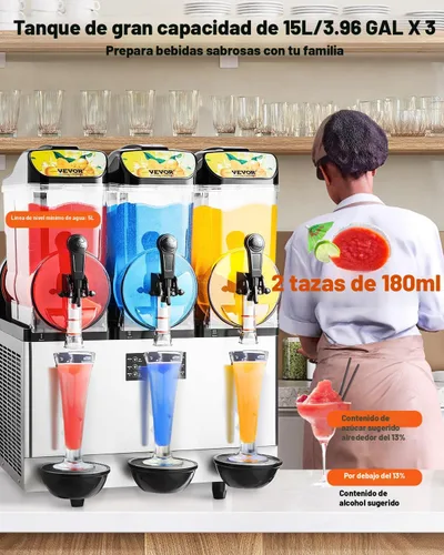 Miniatura 2 de VEVOR - Máquina comercial de bebidas heladas, tanque triple de 3x15L, máquina de margaritas, 180 tazas, máquina de batidos y bebidas heladas