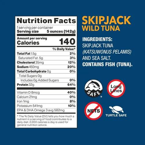 Miniatura 2 de Wild Planet - Atún Skipjack Salvaje, Sal Marina, Atún Enlatado, Atrapado con Caña e Hilo de Forma Sostenible, Sin Transgénicos, Kosher, Lata de 5