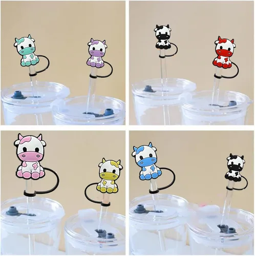 Miniatura 2 de 7 piezas de paja de vaca cubierta de paja de silicona para vasos, pajitas reutilizables, lindas puntas de paja cubierta