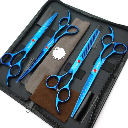Miniatura 2 de KINGSTAR Juego de tijeras profesionales de aseo de mascotas de 7.0 pulgadas, color azul titanio, tijeras rectas, adelgazantes y curvas, juego de 4