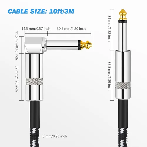 Miniatura 2 de Cable de guitarra, cable de instrumento, cable de bajo, cable de guitarra de 10 pies, cable de audio curvado recto de 0.250 in para varios
