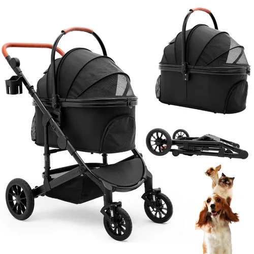 Bicystar Cochecito para mascotas para perros medianos, cochecito para perros con transporte desmontable, ruedas de goma, combo de asiento de Negro