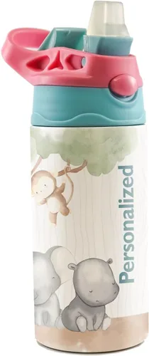 Miniatura 19 de All-Star Sports – Diseño rosa – Botella de agua pequeña de 12 onzas con popote de silicona desplegable – Personalizar con nombre – Aislamiento