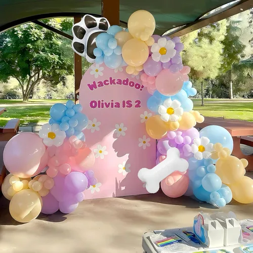 Miniatura 3 de Kit de arco de globos azules 140 piezas azul pastel rosa morado rubor globos con margarita hueso pata de perro globos de papel de aluminio
