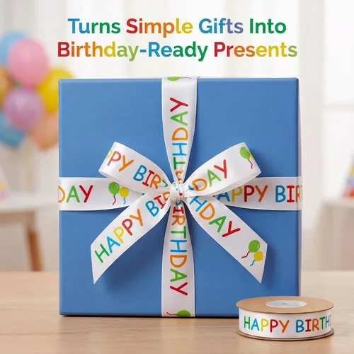 Miniatura 3 de Rollo de cinta de feliz cumpleaños para envoltura de regalos, 0.591 in x 30 pies, cinta de regalo de cumpleaños impresa blanca para manualidades