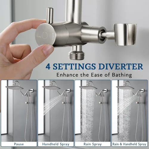 Miniatura 4 de G-Promise Desviador de ducha de metal con soporte de mano bajo, válvula de desviación de 3 vías con modo de pausa para cabezal de ducha de mano