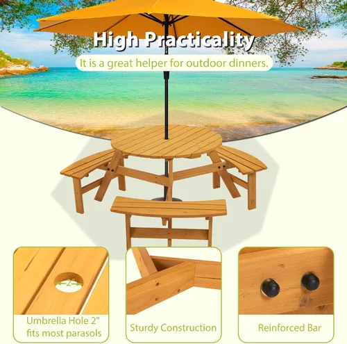 Miniatura 6 de Mesa de picnic redonda de madera para 6 personas, mesa de comedor al aire libre de 35 pulgadas con 3 bancos integrados, agujero para paraguas, mesa