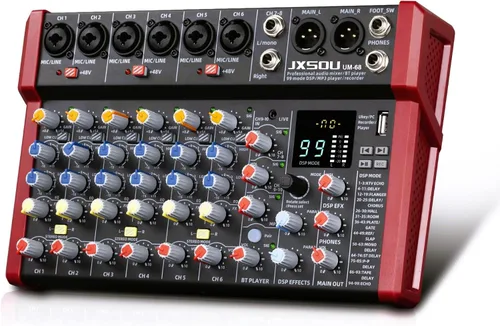 Miniatura 5 de Mezclador de audio de 6 canales, consola de tablero de sonido controladora DJ con 99 efectos DSP, mezclador Bluetooth, alimentación fantasma de 48