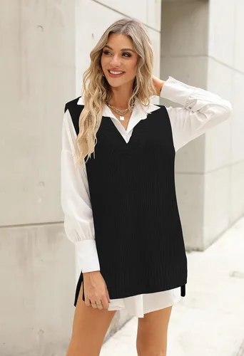 Miniatura 7 de Viottiset - Chaleco de punto con cuello en V y mangas sin costuras para mujer, tipo túnica, extragrande