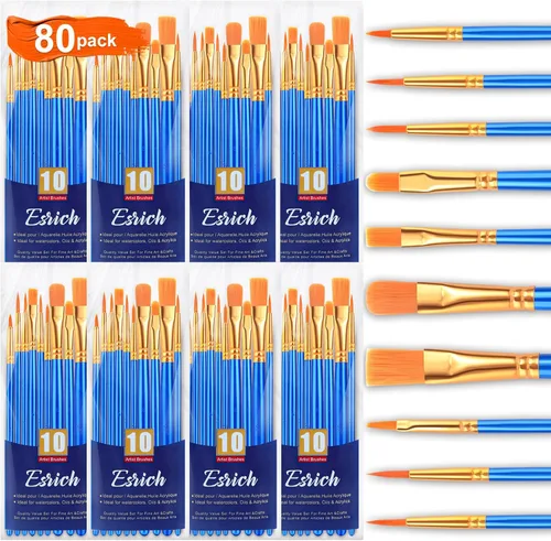 Juego de pinceles de pintura acrílica ESRICH, 8 paquetes / 80 piezas de cabezas de pinceles de nylon, adecuado para pintura acrílica, óleo, Azul
