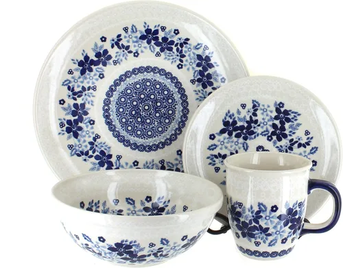 Miniatura 11 de Cerámica polaca Blue Rose - Victoria - Juego de vajilla de 16 piezas color blanco roto - 4 ajustes de lugar - Ideal para cenas diarias, comidas
