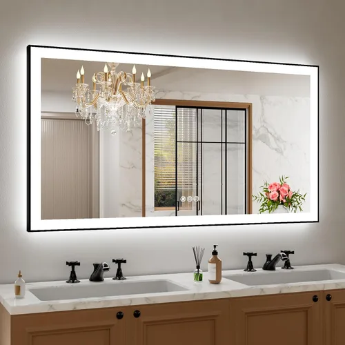 Miniatura 65 de Amorho Espejo de baño LED de 24 x 32 pulgadas con luces, iluminación frontal y retroiluminación, regulable continuamente, antiniebla, vidrio Frente