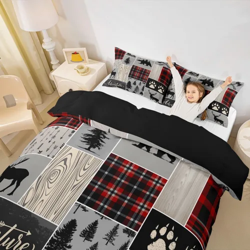 Miniatura 28 de Erosebridal Funda de edredón rústica de ciervo, tamaño individual, funda de edredón de retazos de oso para niños, adolescentes y adultos, juego