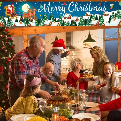 Miniatura 4 de Cartel de Navidad al aire libre, gran tela azul decoraciones de Feliz Navidad con Papá Noel renos regalos de fondo, cartel de Navidad para patio