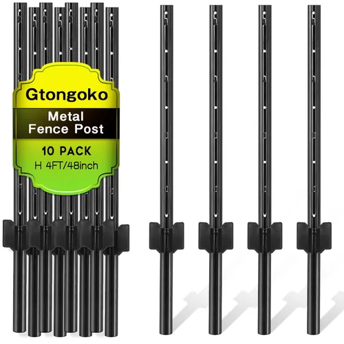 Miniatura 14 de Gtongoko Postes de valla de metal resistente de 6 pies, paquete de 10 postes de valla de canal en U con placa de anclaje, poste en T de acero verde