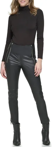 Miniatura 5 de Karl Lagerfeld Paris Pantalones de cuero elástico con cremallera para mujer con detalle de puntada superior