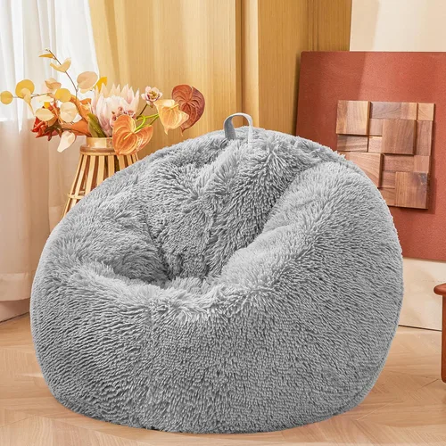 Miniatura 22 de Fundas para puf de pelo sintético mullido color beige, funda para silla puff de felpa suave color beige para niños y niñas, almacenamiento de puf