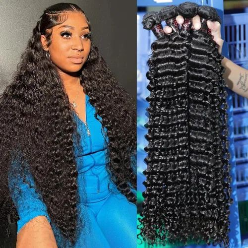 Miniatura 9 de Paquetes de Cabello Humano de Ondas Profundas （12 14 16 ）12A 100% Sin Procesar Cabello Humano Virgen Brasileño Profundo Rizado Tejido de Cabello
